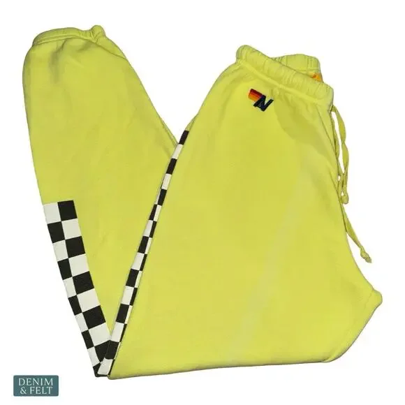 Aviator Nation Neon Yellow Checkered Stripe Sweatpants Jogger Retro Rare Small - Picture 10 of 16